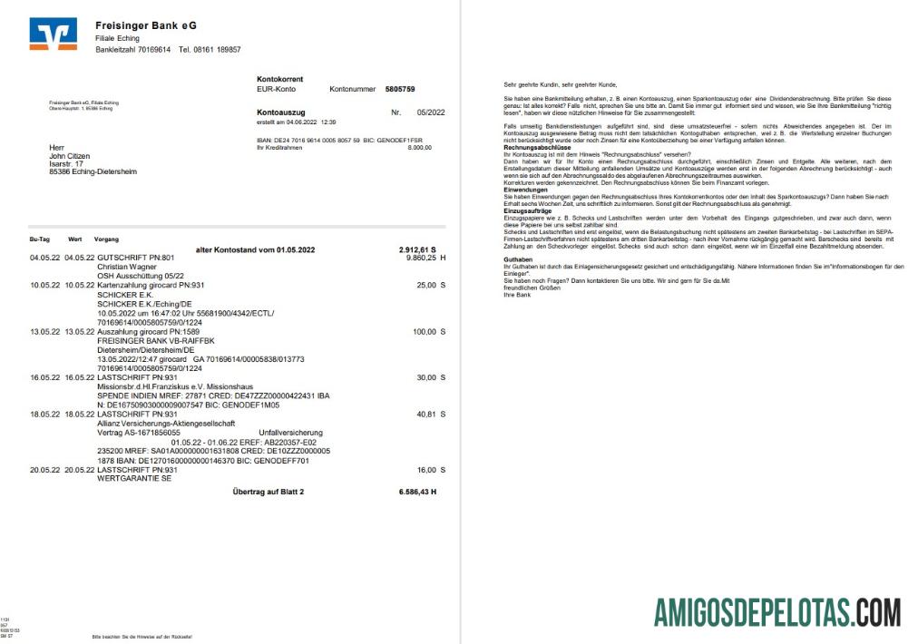Exemplo de declaração de 2 páginas do Freisinger Bank EG da Alemanha